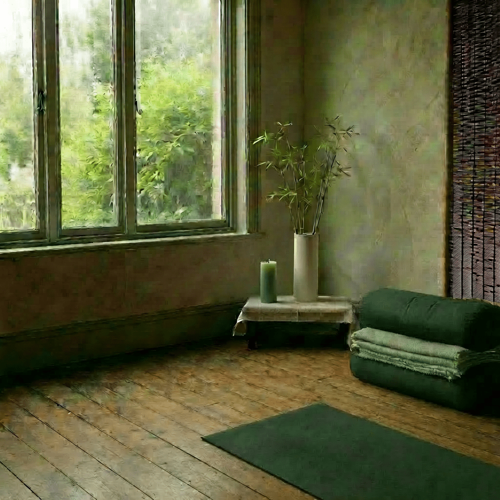A peaceful yoga space with mats, bolsters, and plants beside a large frosted window.